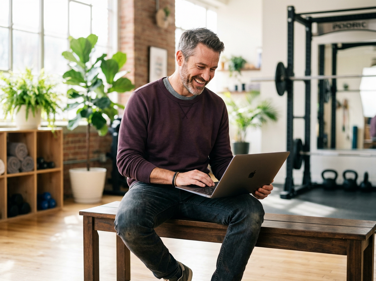 A fitness studio owner laughing while looking at a laptop